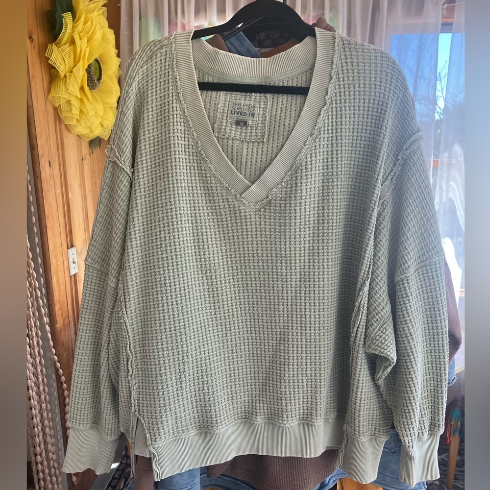 American Eagle Outfitters Waffle Knit Sweater in Light Sage
